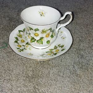 VINTAGE Royal Dover Bone China Teacup & Saucer Dogwoods w Gold Trim England